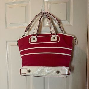 Rampage Red canvas and beige trims tote with silver tone hardwares